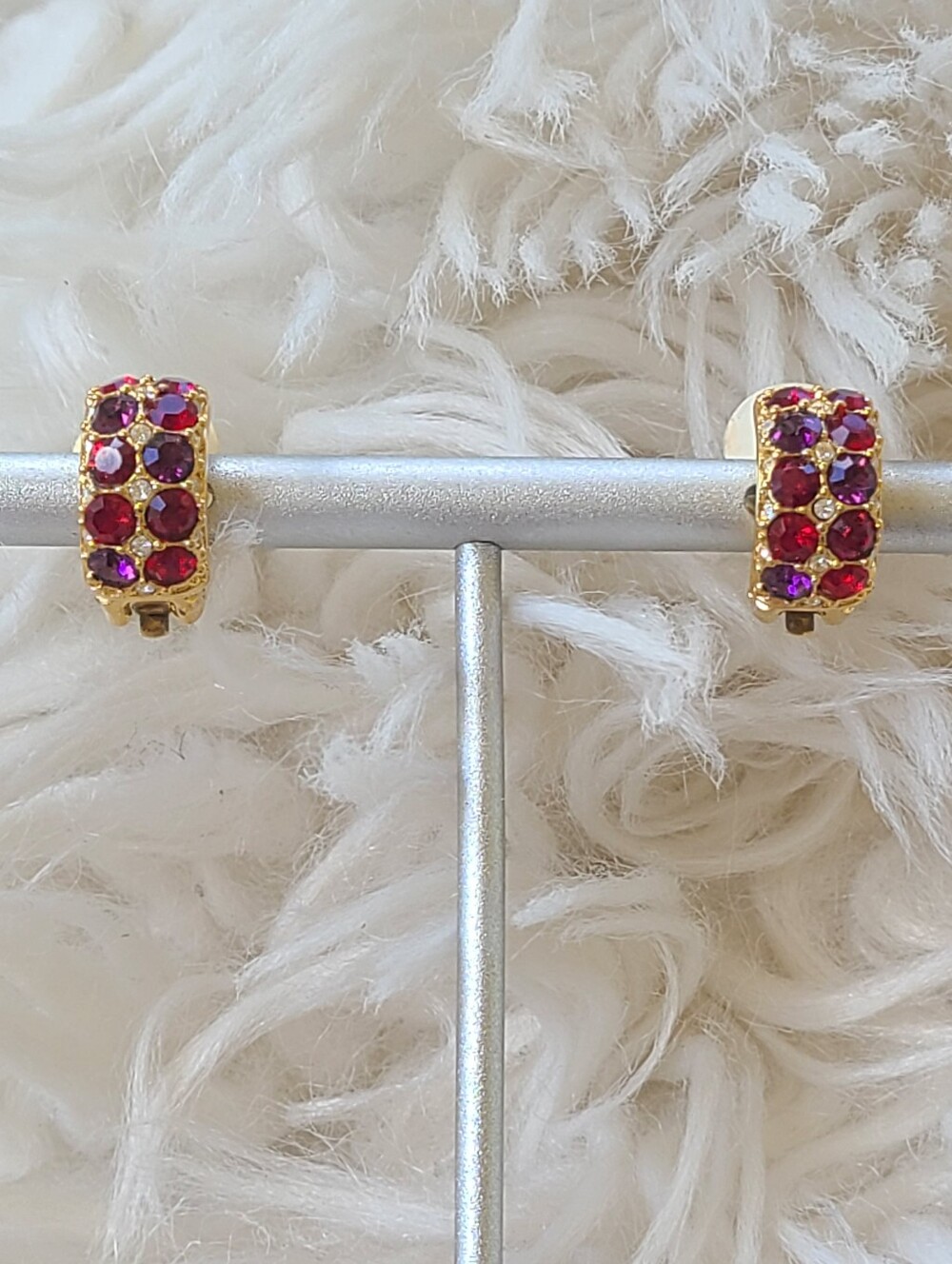 Rare Swarovski Gold-Tone Clip-on Earrings W/ Red And Purple Crystals- Great Cond